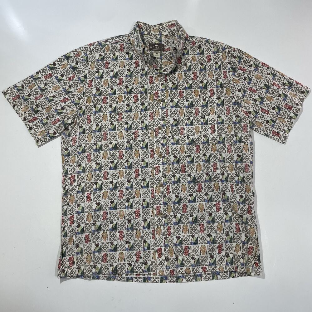Kahala Shirt Mens Medium Blue Hawaiian Tiki Palm Trees Beach Resort Camp Dad